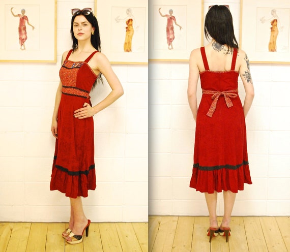 1970's Burgandy Peasant Summer Dress / Sun Dress /
