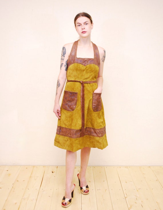 1970's Brown CHAR Hand Painted Suede Halter Wrap … - image 2