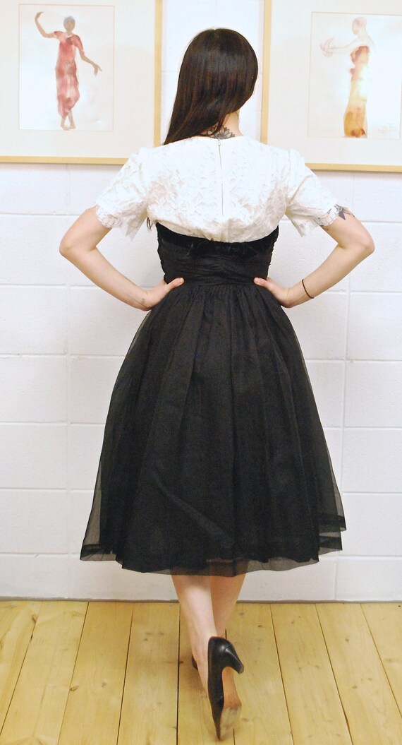 1950's/60's White Lace and Black Chiffon Fit and Flare Dress