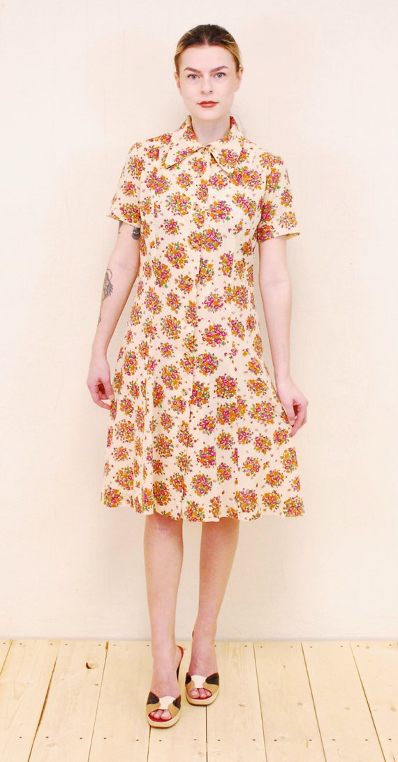 1960's/70's Tan Floral Hippie Dress / Summer Dres… - image 2