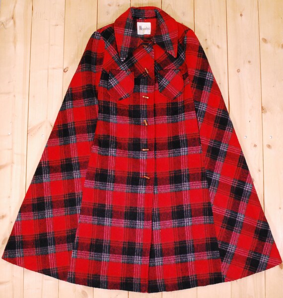 1960's/70's Red NICCOLINI Wool Plaid Winter Cape … - image 5