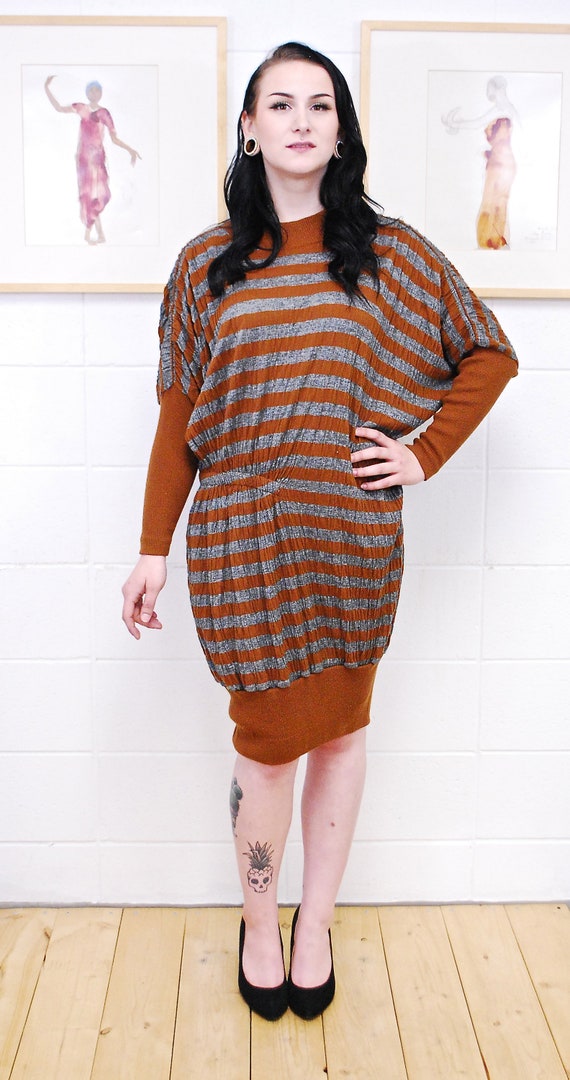 1980's ISSEY MIYAKE Brown and Grey Knit Dress / M… - image 2