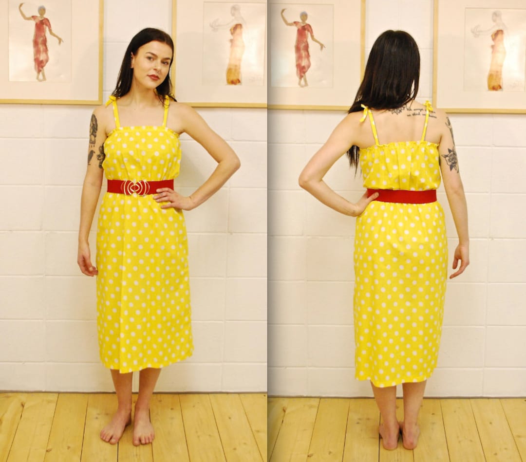 60's/70's Sunshine Yellow and White Polka Dot Asymmetrical Midi Dress by Kay Windson main image 0