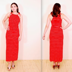 1970's Red Striped Cotton Jersey Maxi Dress / Halter Dress / Rare Collectable Retro / bjr