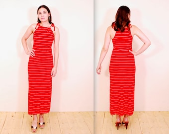 1970's Red Striped Cotton Jersey Maxi Dress / Halter Dress / Rare Collectable Retro / bjr