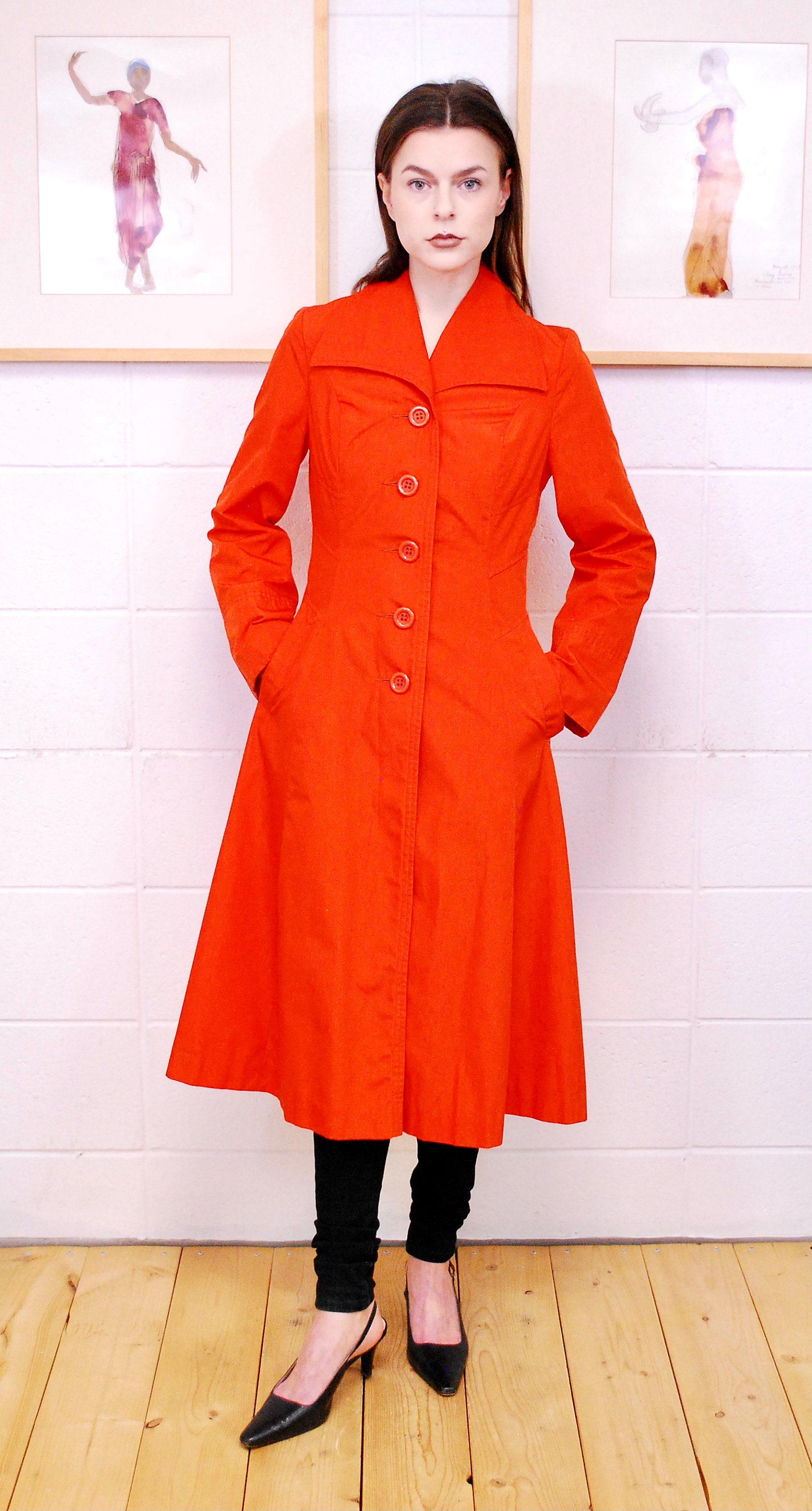 1970 s Orange Full Length Spring Swing Coat Trench Coat Rare Collectable Retro bjr