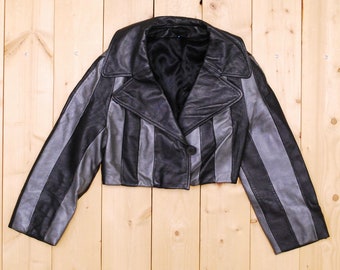 Vintage 1970's Black and Metallic Grey Striped Reworked Cropped Leather Jacket / Retro Collectable Rare / bjr