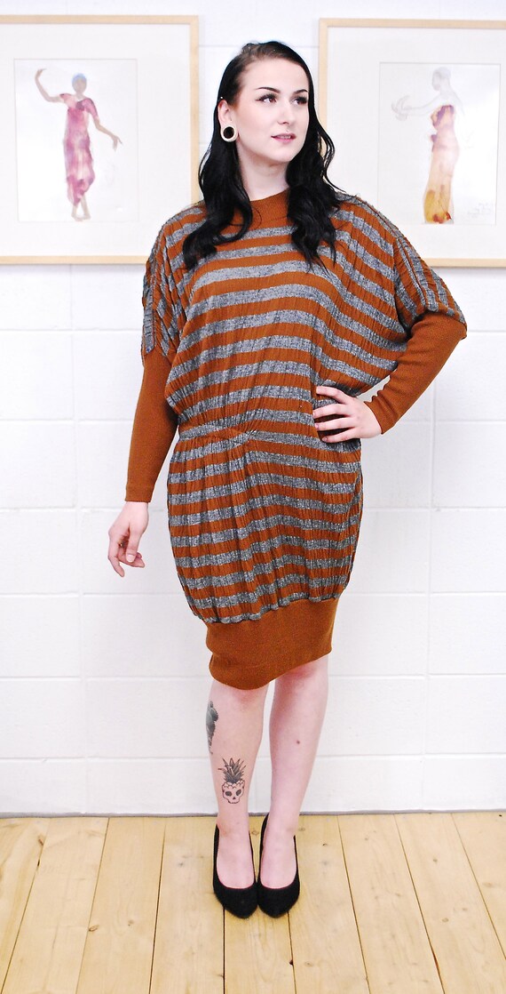 1980's ISSEY MIYAKE Brown and Grey Knit Dress / M… - image 3