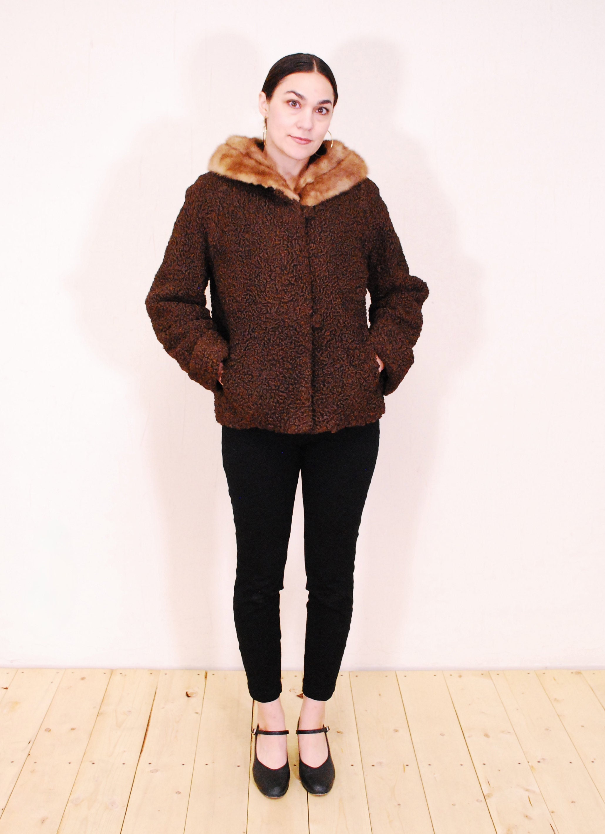 1950's/60's Brown TRUTE FURRIERS Persian Lamb Cropped Coat with Fur Collar / Rare Collectable Retro / bjr