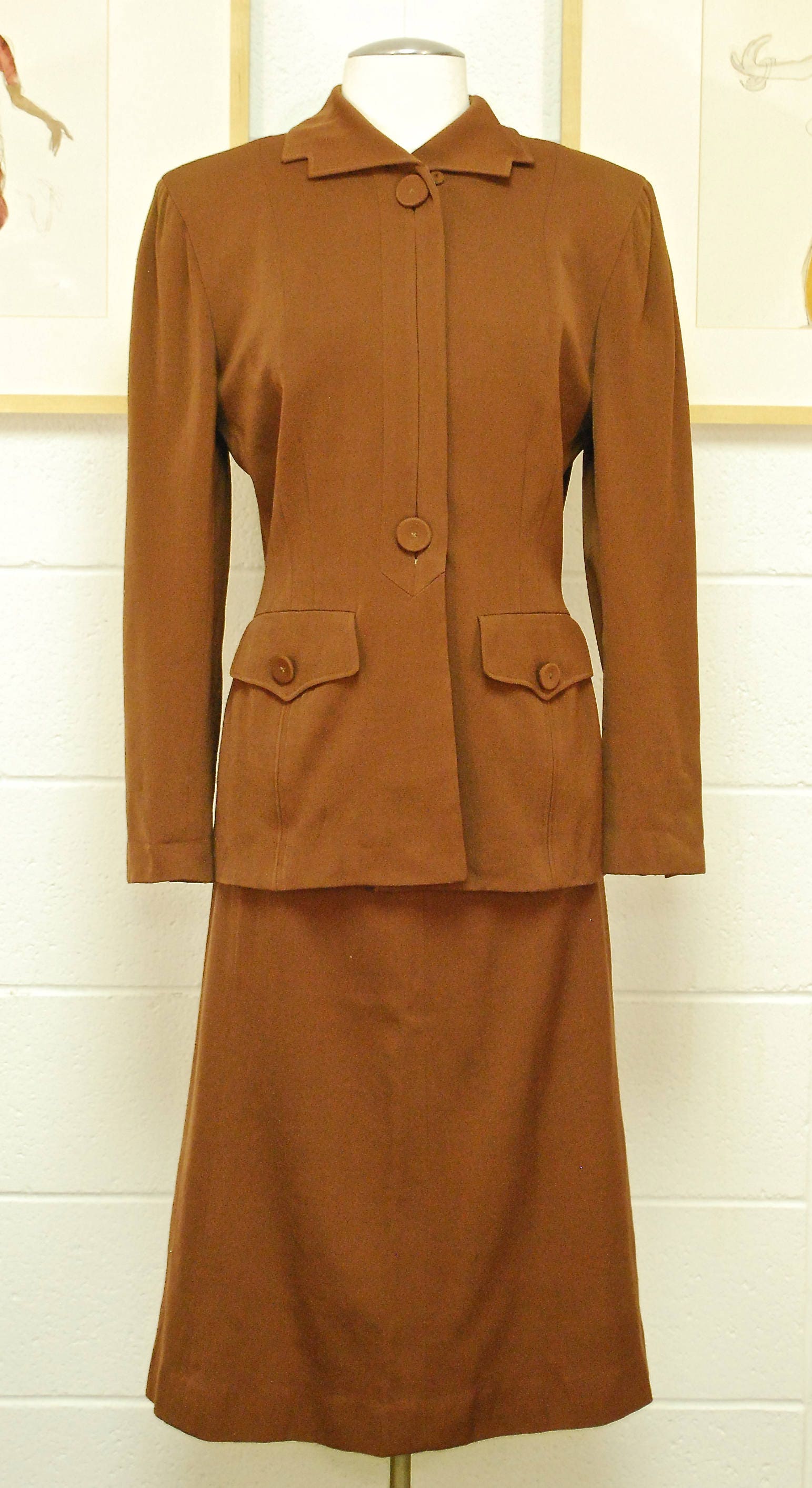 1940's/50's Brown Gabardine Jacket and Skirt Suit Set / Peplum ...
