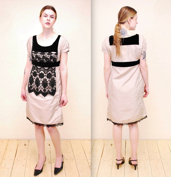Christian Lacroix, 1990's Black and Tan CHRISTIAN LACROIX Pour la Redoute Silk Lace Dress / Rare Collectable Retro