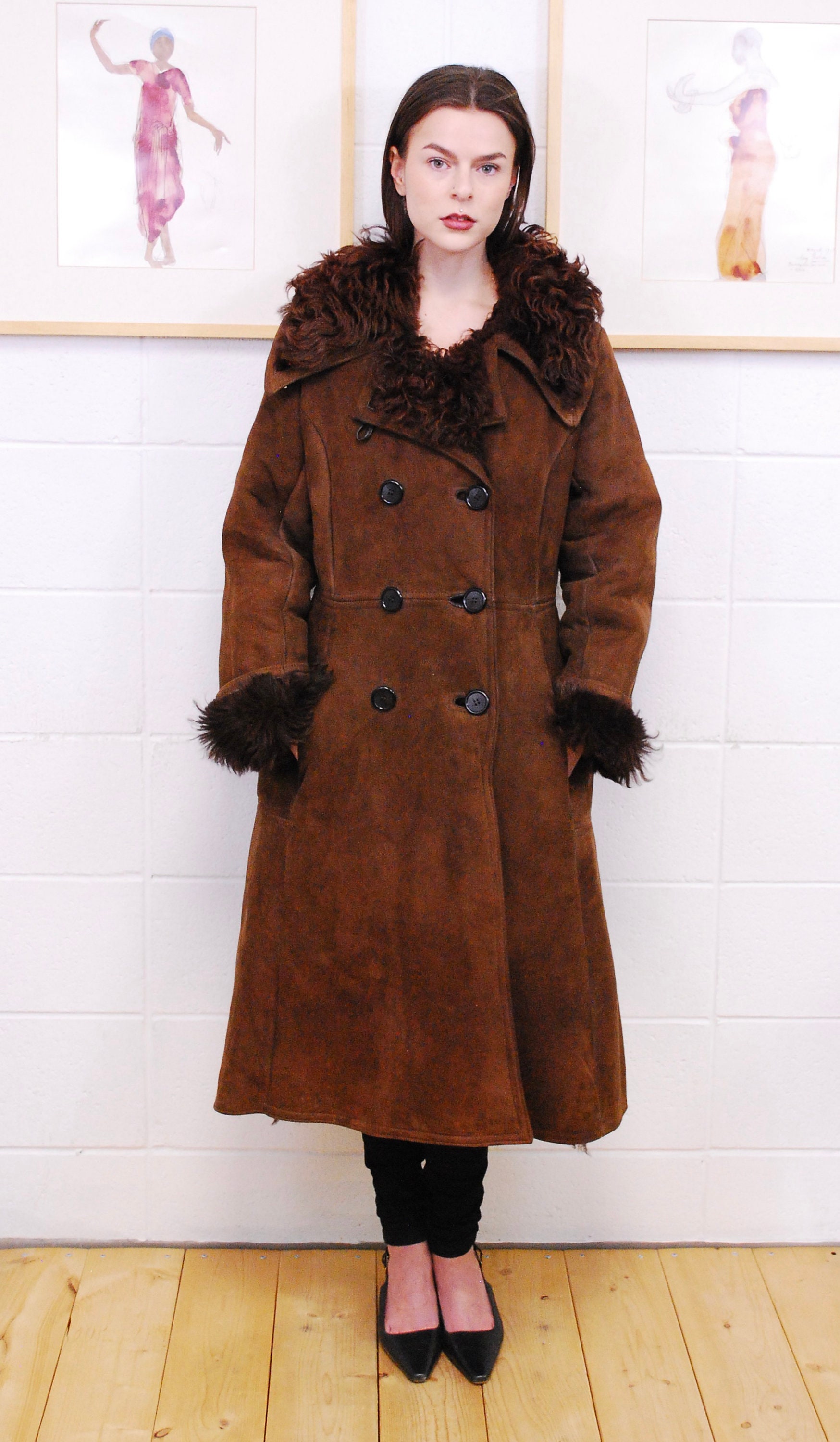 Vintage 1970's Black Leather Trench Coat // Sheep Skin White