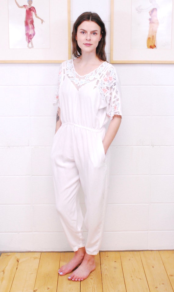 1980/'s White HIBIS Floral Embroidered Romper Play Suit Onesie Jumper Disco Boho Rare Collectible Retro Curiosity Inc