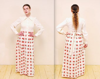 1970's Funky SHAHEEN JRS Apple Print Maxi Dress / Made in U.S.A. / Peasant Dress / Hippie / Rare Collectable Retro / bjr