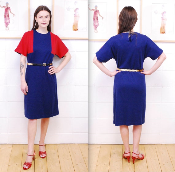 1970's Navy and Red Color Block ZANE T-Shirt Dres… - image 1