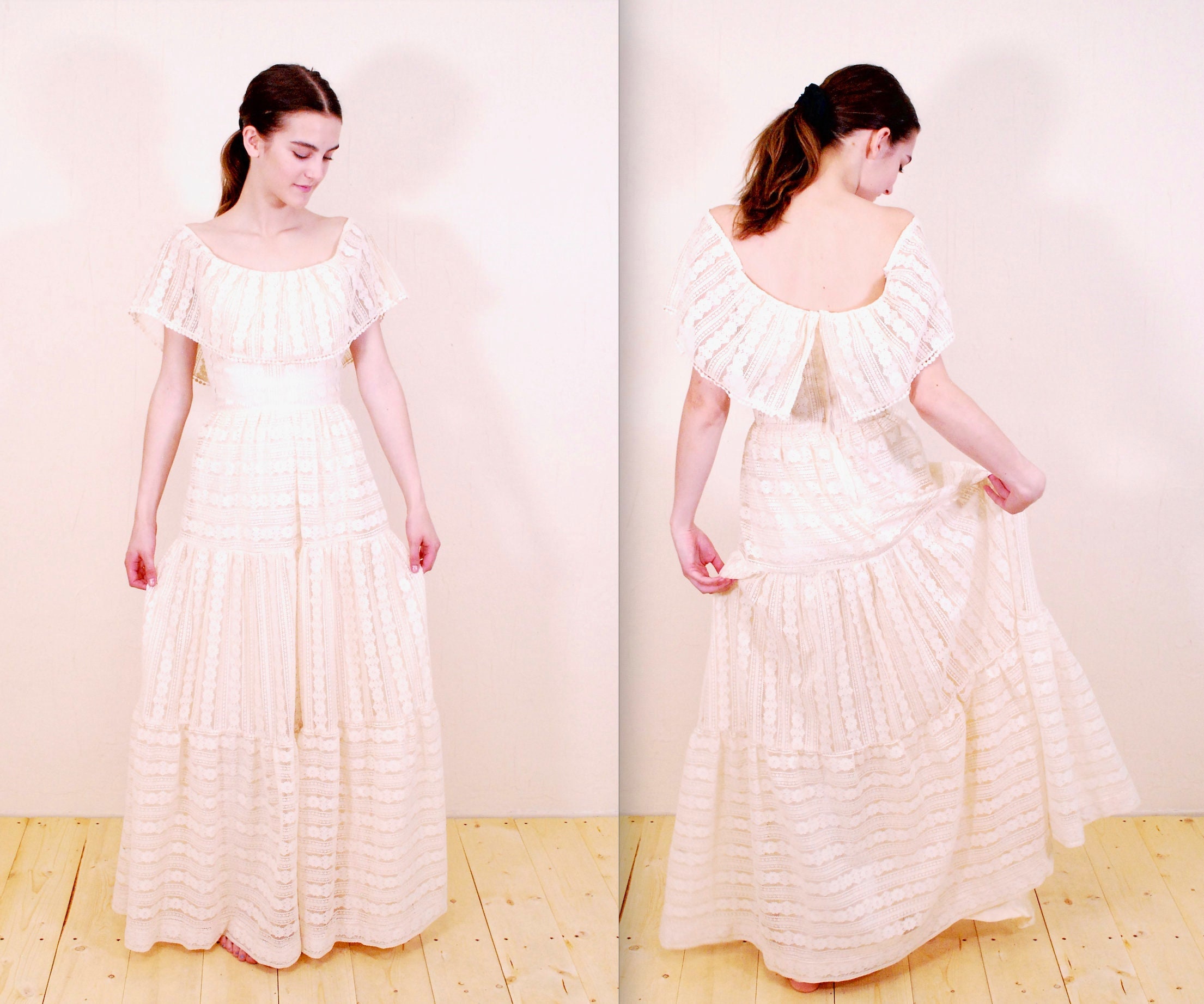 1970's Light Tan ALGO-ETTES off the Shoulder Lace Maxi Dress