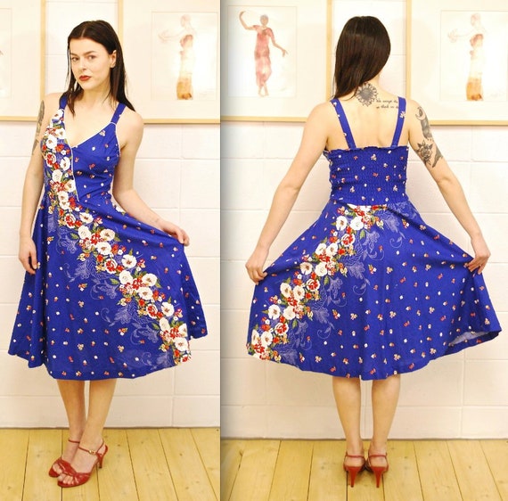 1970's Bright Blue Floral Summer Dress / Sun Dres… - image 1