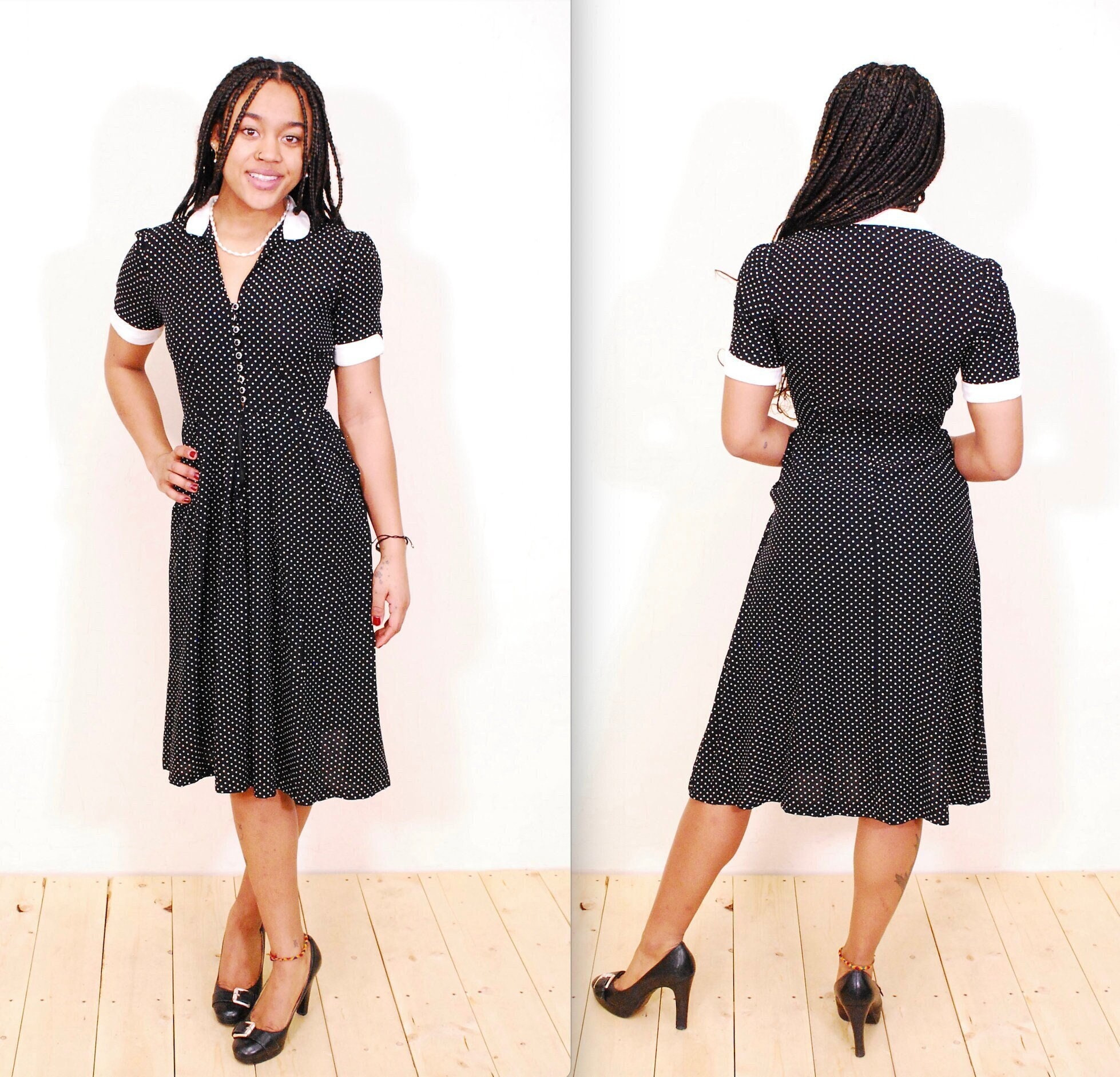 1970's Black and White NU-MODE Polka Dot Dress / Boho / Hippie