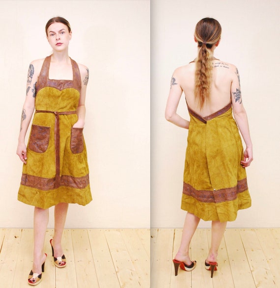 1970's Brown CHAR Hand Painted Suede Halter Wrap … - image 1