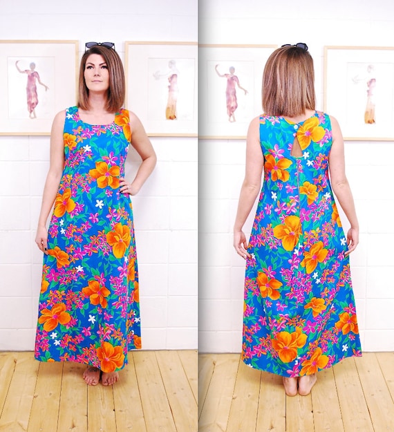 loose brightly coloured hawaiian dress 1960's/70's Bright Blue Orange & Pink Floral ALOHA Bark Cloth Barkcloth Hawaiian  Dress / Tiki / Rockabilly / Pin-up / Rare Collectable Retro