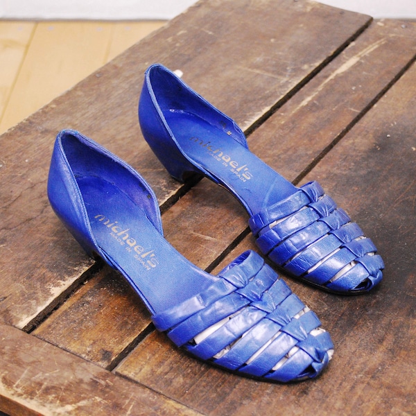1980's MICHAEL'S Blue Leather Women's Low Heel Slip On Sandal / Shoes / Size 5 1/2M / Rare Collectable Retro / bjr