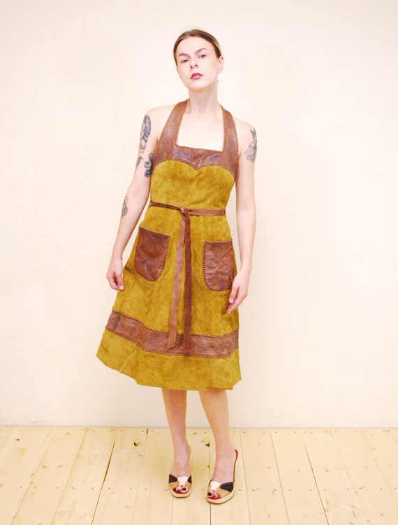 1970's Brown CHAR Hand Painted Suede Halter Wrap … - image 3