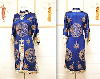 1920&#39;s/30&#39;s Royal Blue Antique Silk Chinese Hand Embroidered Robe / Asian Jacket / Rare Collectable Retro