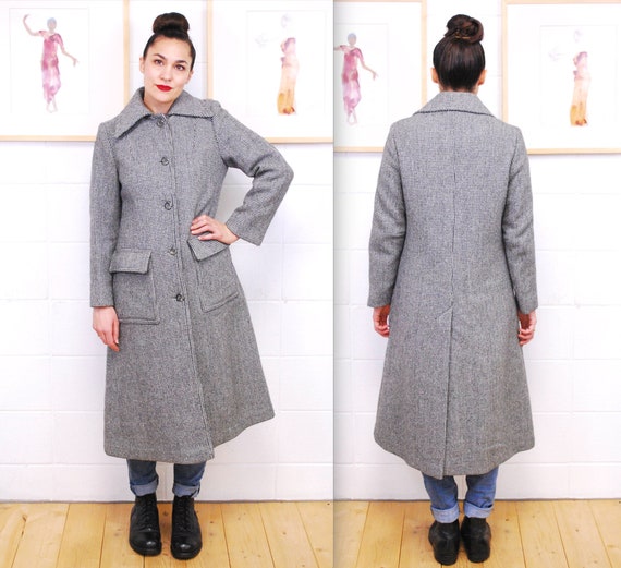 1970's Grey Tweed CROYDON Full Length Wool Overcoat /… - Gem