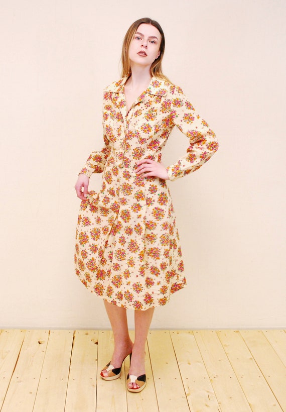 1970's Tan Floral Cotton Gauze Summer Dress / Hip… - image 3