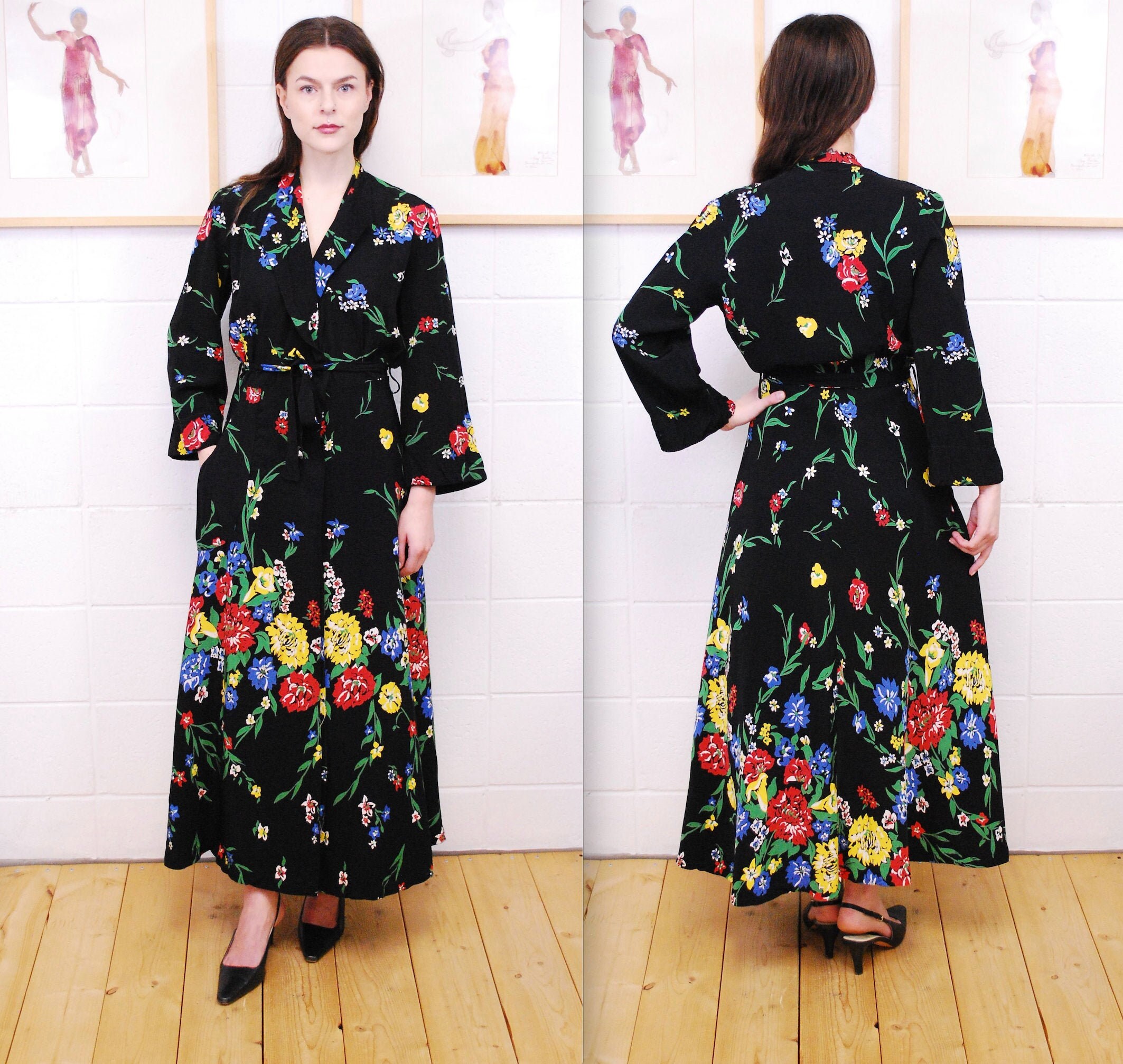 1930's/40's Black FRENCHMAID Rayon Floral Print Women's Dressing Gown / Women's Robe / Rare Collectable Retro / bjr