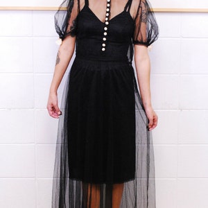 1920's/30's Black Tulle Dress with Silk Covered Buttons and Collar Trim / Rare Collectible Retro image 2