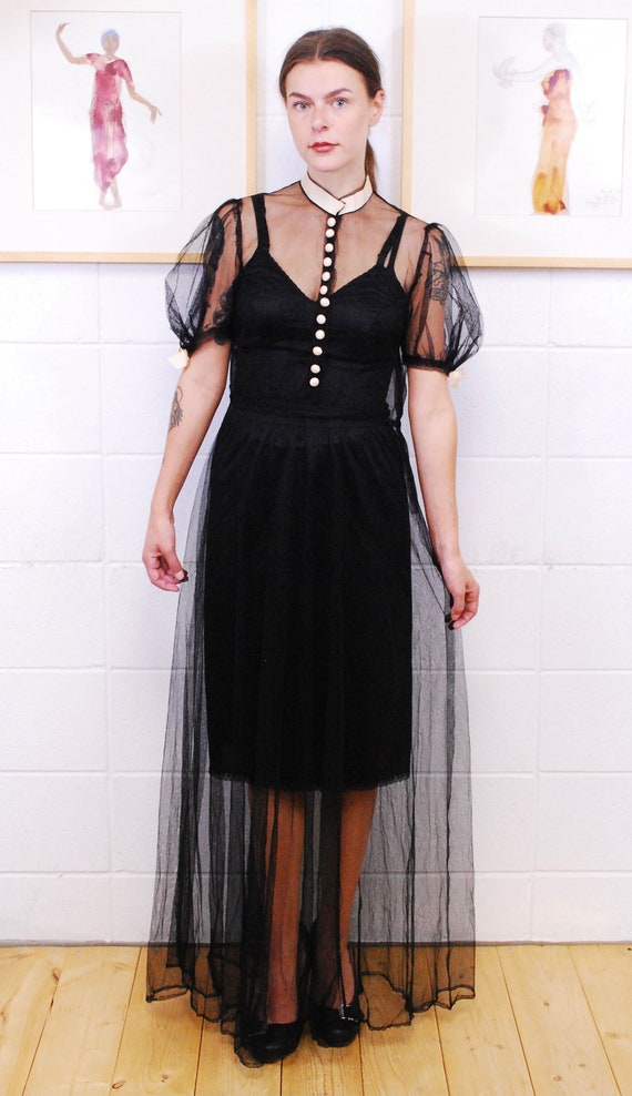 1920's/30's Black Tulle Dress with Silk Covered B… - image 2