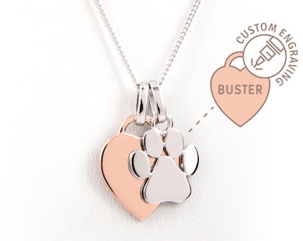 Heart & Paw Print Necklace Dog Lover Gift - Rose Gold Plated Silver -Dog Paw Charm, Pet Memorial, Dog Memorial or Dog Loss, Dog Jewelry