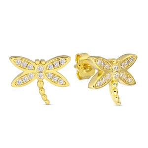 Boucles d'oreilles libellule - Argent sterling plaqué or jaune avec cristaux - Bijoux inspirés de la nature symbolisant le changement