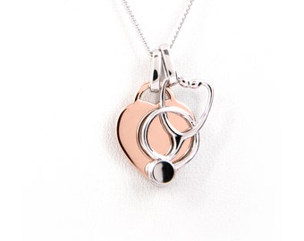 Engraved Heart and Stethoscope Necklace Rose Gold Plated - Nurse Gift - Nursing Gift - Nurse Charm - Nurse Graduation Gift RN Doctor Jewelry