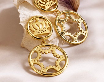 Crown and Circle Fashion Earrings - Gold Plated Sterling Silver Jewelry