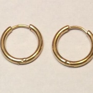 May include: Two gold-colored hoop earrings. Each earring is a complete circle with a hinged clasp. The earrings are made of a shiny, metallic material. The hoops are of a medium thickness and are set against a light background.