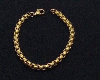 Men's or Ladies gold and silver durable stainless Steel 6" to 11" Round Box Bracelet, and Anklets. Non-tarnish, Waterproof.
