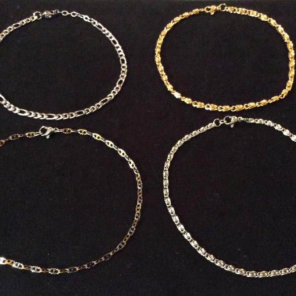 Stainless Steel Anklets, and Bracelets,  5" to 10", Non-Tarnish.  Select by # , Figaro,  gold scroll, 2-tone di-cut, scroll. Waterproof.