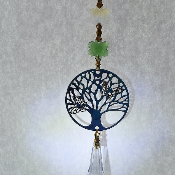 Chrome Tree of Life Sun Catcher, or car hanger. With 3-14mm crystals on top. With a 38mm crystal on bottom.  Rainbow maker.