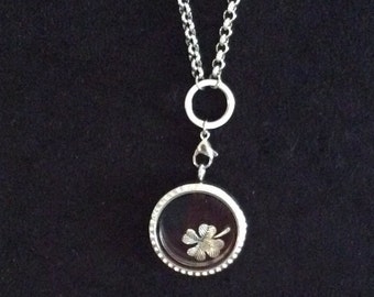 Stainless Steel CZ  Floating Glass Locket, with Stainless chain , and  4-Leaf Clover charm. Non-tarnish.