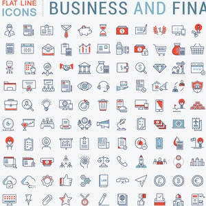 May include: A set of 150 flat line icons representing business and finance concepts. The icons are in blue, red, and grey colours and are arranged in a grid pattern. The icons depict various business and finance related concepts such as money, banking, technology, and more.