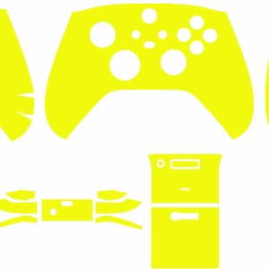 May include: A set of yellow vinyl skins for a gaming console controller and a refrigerator. The controller skin has a design with multiple circles. The refrigerator skin has a simple design. The skins are sold by Unique Graphic Designz.