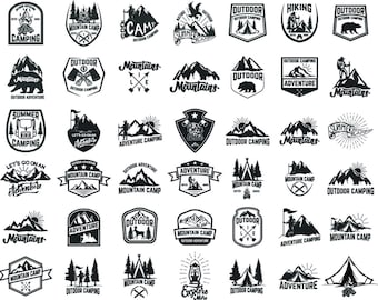 42 Paquete vectorial emblema de senderismo y turismo