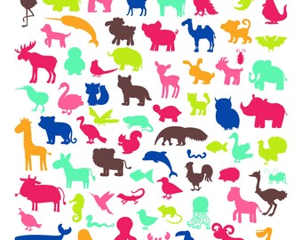 Gran conjunto de siluetas de animales en paquete vectorial estilo de dibujos animados