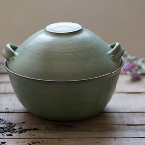 May include: A green ceramic bowl with a lid, perfect for serving rice or other dishes. The bowl has a simple, elegant design and is made of high-quality materials.