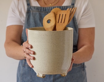 Very big ceramic white utensil holder, Very big pottery utensil holder, XL white ceramic container, Big pottery holder, Housewarming gift