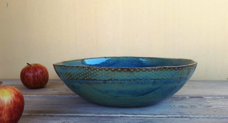 Big pottery turquoise bowl, Big ceramic salad bowl, Large ceramic serving dish, Large pottery bowl, Father's Day gift, Ceramic dinnerware image 5