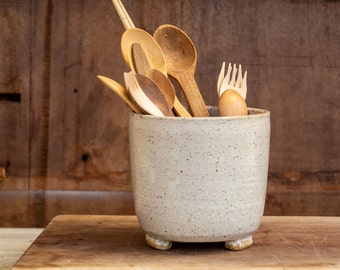 Ceramic medium-sized white cutlery holder, Ceramic container, Medium sized white pottery utensils jar, Kitchen storage dish