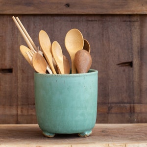 Medium-sized ceramic utensil holder, Matte turquoise utensils holder, Pottery cutlery holder, Medium sized turquoise pottery utensils jar